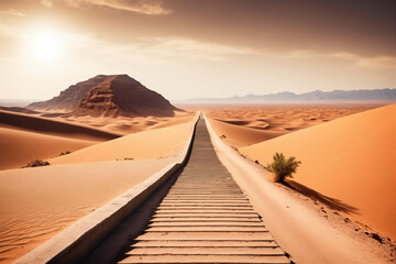 Road to discovery concept with stairs leading into unknown, desert - obrazy, fototapety, plakaty