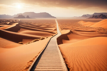 Fototapeta na wymiar Road to discovery concept with stairs leading into unknown, desert