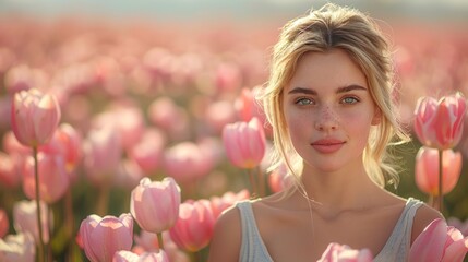 woman in the fields among the tulip fields - 743596973