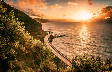 The high-angle view of the Sea Cliff Bridge between Sydney and Wollongong in the sunrise