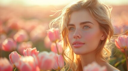 Fototapeta premium woman in the fields among the tulip fields