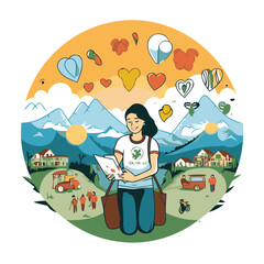 Traveler woman with backpack and map in the mountains. Vector illustration.