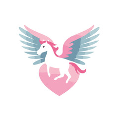 Unicorn with wings and heart. Vector illustration on white background.