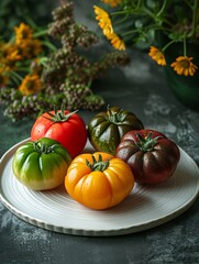 Various shaped and hued tomatoes on a white plate set against a garden backdrop.
