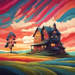 Papier Peint photo autocollant Corail Ai generated colorful landscape with organic colurline  with farm house. abstract background.