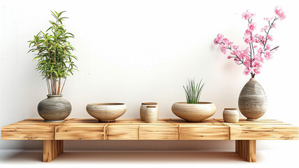 Zen-inspired bamboo bookshelf with clean lines and natural warmth on transparent background. 