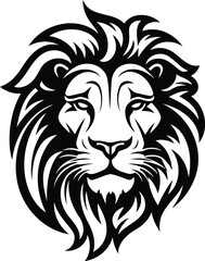 Lion head. Black and white vector illustration. Isolated on white background.