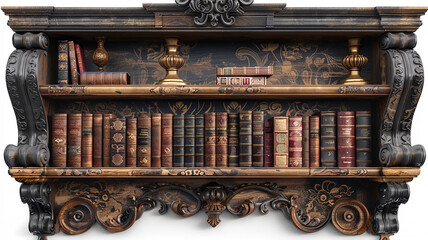 Victorian-inspired mahogany bookshelf with ornate carvings and timeless elegance on transparent...
