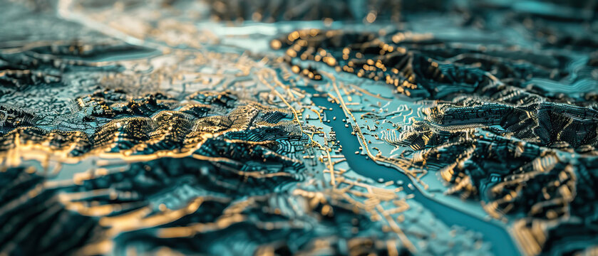 Close-up of 3D LiDAR GIS map, scan, modelling the surface of a landscape with mountains, hills and rivers, data from a UAV, drone