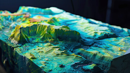 Close-up of 3D LiDAR GIS map, scan, modelling the surface of a landscape with mountains, hills and rivers, data from a UAV, drone, isolated shot