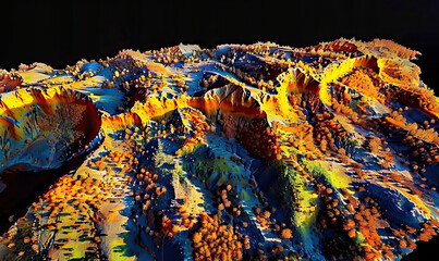 Close-up of 3D LiDAR GIS map, scan, modelling the surface of a landscape with mountains, hills and rivers, data from a UAV, drone