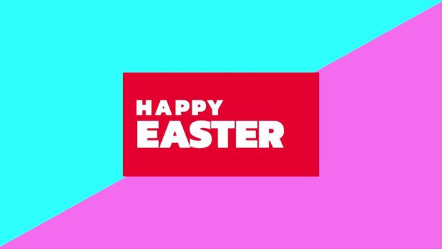 A vibrant background with a colorful triangle borders one side, while Happy Easter is spelled out in white on the other side