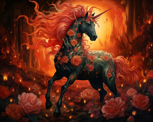 Obraz na płótnie Canvas Enigmatic unicorn harnessing the flames of hell transforming them into a garden of fiery flowers