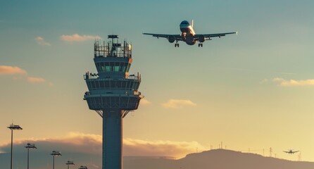 Air traffic control tower of airport with a departing Boeing 737 in the background at sunset.