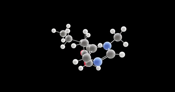 Pilocarpine molecule, rotating 3D model of ophthalmic glaucoma agents, looped video on a black background