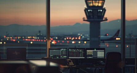 Airport control tower overlooking runway lights and taxiing aircraft. Aviation, travel, air traffic control, and the technology that keeps airports running safely and efficiently. - obrazy, fototapety, plakaty