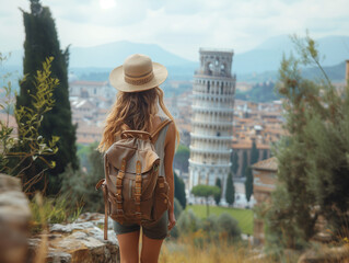 Travelling woman in Pisa in front of the tower (torre di pisa)