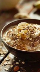Bowl with creamy oats cooked with almond milk, garnished with banana slices