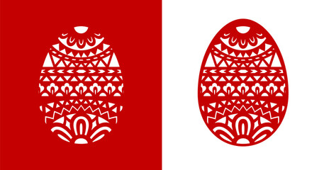 Design of two greeting cards with red and white silhouettes of decorative Easter eggs in a flat style. Vector illustration