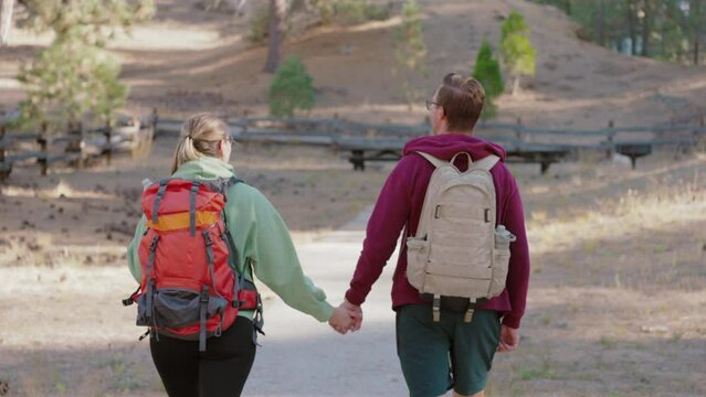 Walking away from the camera, caucasian couple with colorful backpacks holds hands while trekking on a forest trail during sunny day, symbolizing companionship. Slow Motion, 4K RAW. 