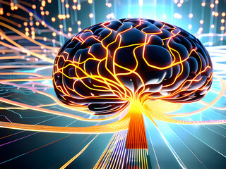 representation of AI and machine learning, showing a digital brain in a network of connections. The brain is composed of countless, luminous neural networks, pulsating with energy. 