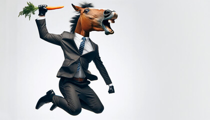Fototapeta na wymiar ビジネスで成功しジャンプして喜ぶスーツを着た馬