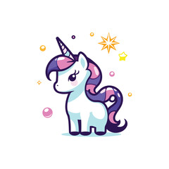 Cute cartoon unicorn with magic wand and stars. Vector illustration.