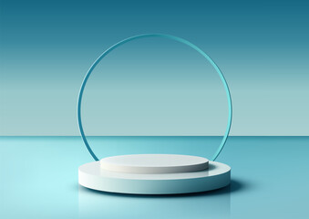 Summertime showcase your product on this serene 3D podium. White stage on a calming blue ocean and sky background