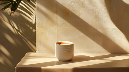 Vegan plant-based oat flat white cup of coffee in modern contemporary minimalist trendy stylish cafe setting with stucco concrete wall, product photography, outdoors, sunny, bright, shadows, palm  - obrazy, fototapety, plakaty