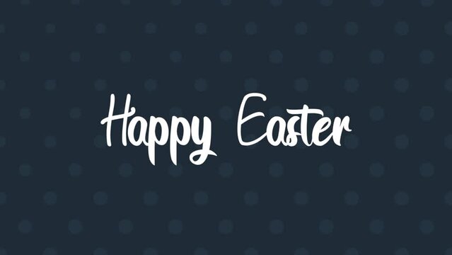 A blue background with white polka dots, featuring the words Happy Easter in white letters on the right side