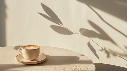 Vegan plant-based oat flat white cup of coffee in modern off-white minimalist trendy stylish cafe setting with stucco concrete wall, product photography, outdoors, sunny, bright, shadow play - obrazy, fototapety, plakaty