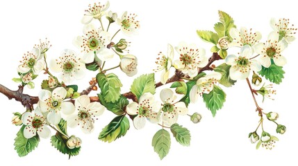 Hawthorn or Crataegus monogyna branch with flowers isolated on white background, generative ai