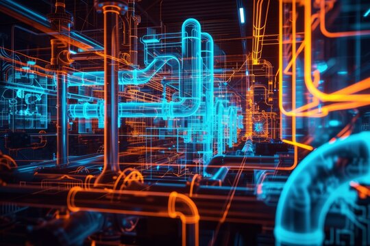 A holographic projection of an industrial plant design, with intricate piping and machinery, glowing in neon blue and orange against a dark background.