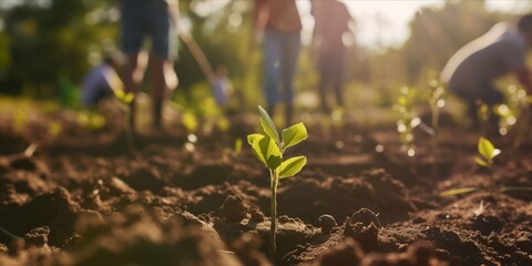Young saplings planted in soil with people actively engaging in reforestation in the background, symbolizing growth and environmental care. - obrazy, fototapety, plakaty