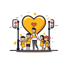 Happy family with children and traffic light. Vector illustration in flat style.