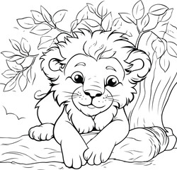 Coloring Page Outline Of a cute lion cub sitting on the ground
