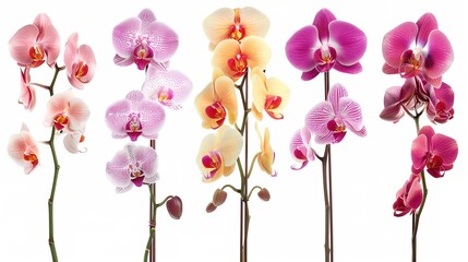 set of different orchid flowers branches isolated on white background, generative ai