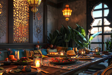 arabic dining room with ramadan food. ramadan kareem concept. celebration of ramadan  - obrazy, fototapety, plakaty