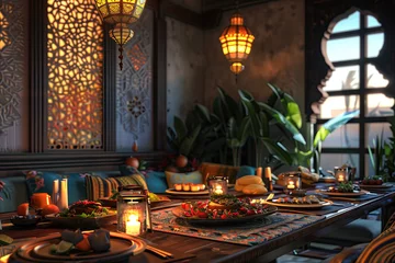 Foto op Plexiglas arabic dining room with ramadan food. ramadan kareem concept. celebration of ramadan  © Rangga Bimantara