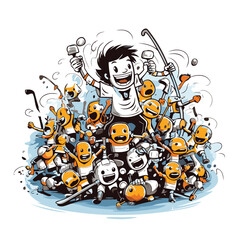 Vector illustration of a group of funny cartoon robots playing hockey isolated on white background.