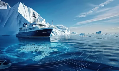 Fotobehang Polar exploratory ship conducting bathymetry and generating seabed maps using sonar technology. Seabed scans and mapping, underwater scanning, ocean topography, maritime and marine science © Goodwave Studio