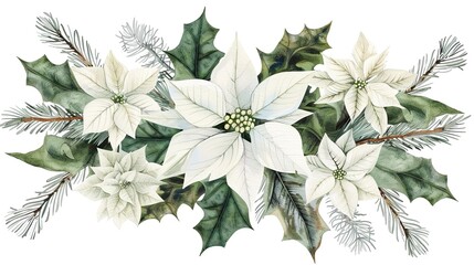 Watercolor christmas flowers arrangement. White poinsettia, branches of spruce and winter greenery for greeting cards and invitations. Winter wedding floristic design., generative ai - obrazy, fototapety, plakaty