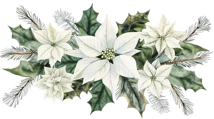  Watercolor christmas flowers arrangement. White poinsettia, branches of spruce and winter greenery for greeting cards and invitations. Winter wedding floristic design., generative ai © irvan
