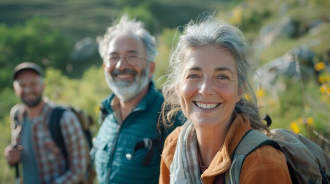 Cheerful elderly senior tourist man leads a multigenerational group of people, healthy retired male using experience hiking to start new occupation tourist guide hiker outdoor activities exploration