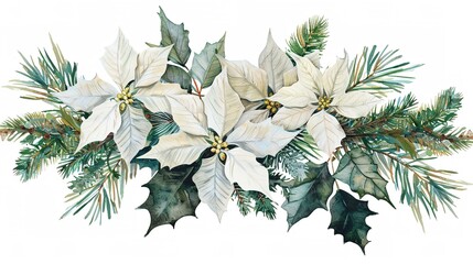 Watercolor christmas flowers arrangement. White poinsettia, branches of spruce and winter greenery for greeting cards and invitations. Winter wedding floristic design., generative ai - obrazy, fototapety, plakaty