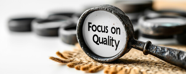 Magnifying glass focusing on the phrase Focus on Quality against a white background, symbolizing the importance of quality assurance - obrazy, fototapety, plakaty