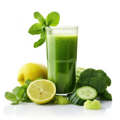 Glass of Green Juice Surrounded by Fresh Fruits and Vegetables