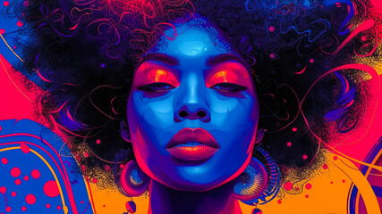 Vibrant Pop Art Illustration of a Woman with Afro Hair Embracing the Bold Colors and Energetic Patterns of Retro and Modern Fusion