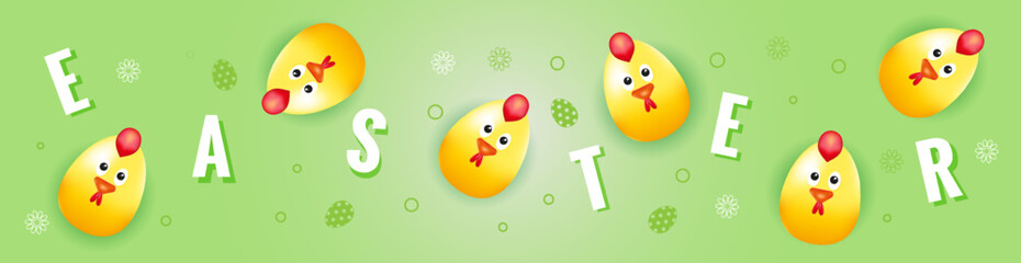 Easter banner with cute chicks on a green background. Easter egg character with beak and comb. Easter holiday background. Vector illustration
