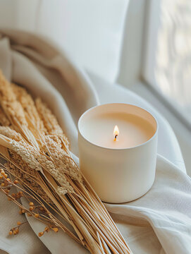 Burning candle with dried flowers on the bed in a cozy bedroom